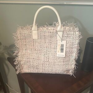 Fringed Tweed Top-Handle Tote in Light Pink